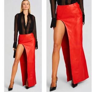 Retrofete Tash Leather Asymmetric High Slit Fiery Red Maxi Skirt Size Medium